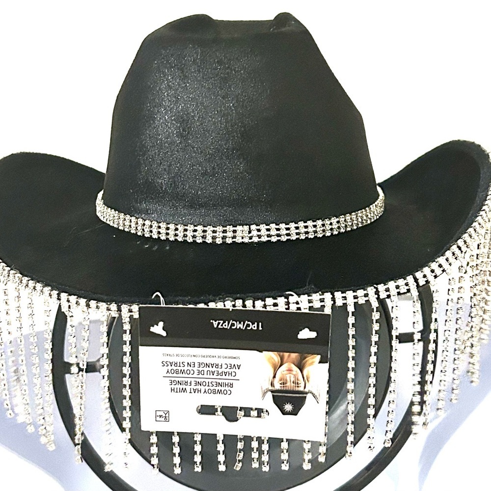 Glamorous Black Shiny Felt Silver Rhinestone Cowboy Girl Fringe Hat - Picture 4 of 7